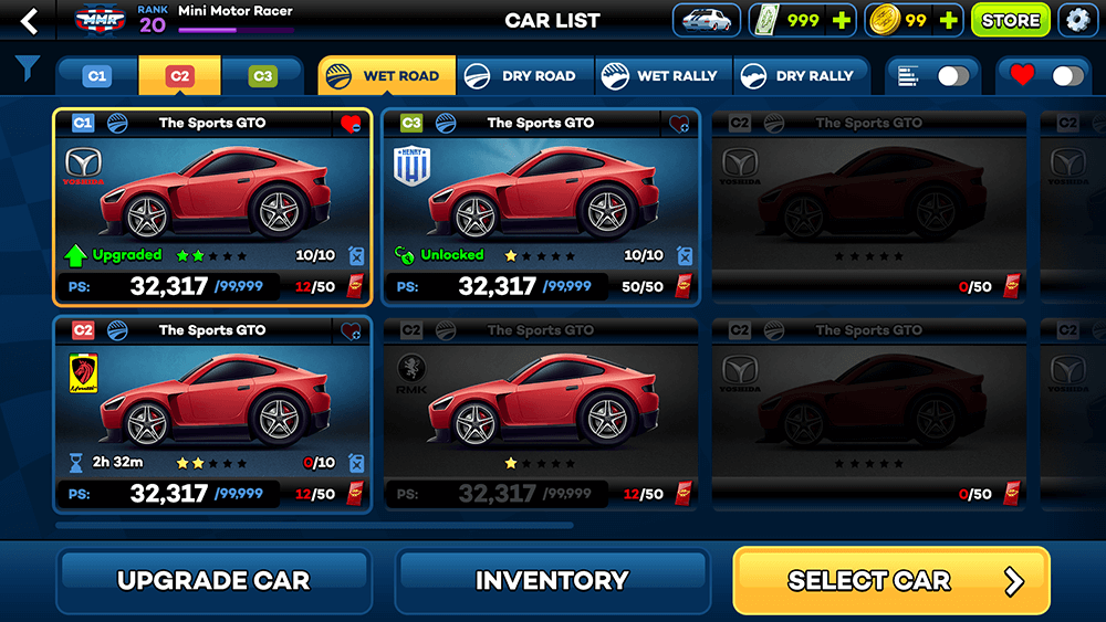 Mini Motor Racing 2 UI Design: Garage (Default) Screen Concept