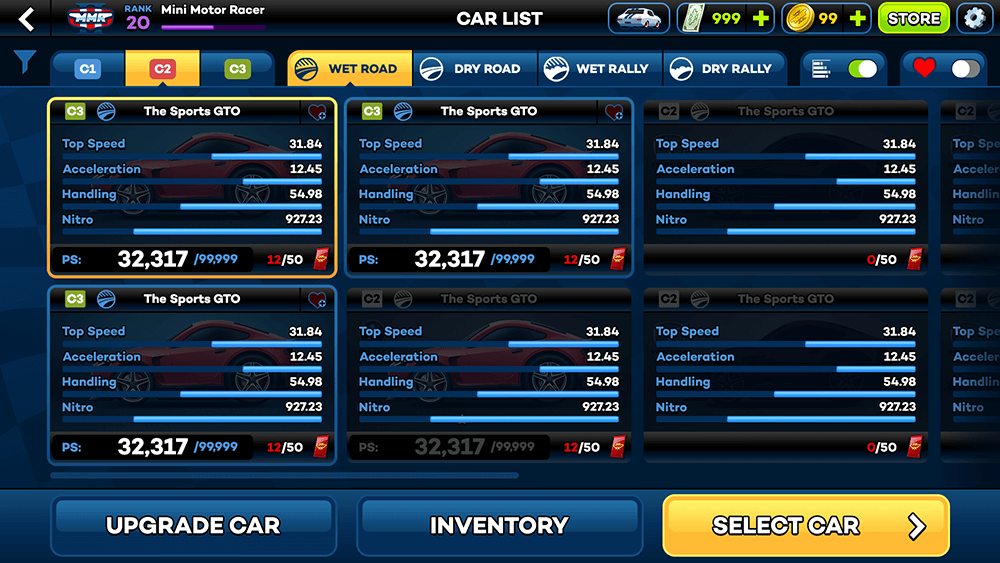 Mini Motor Racing 2 UI Design: Garage (Stats) Screen Concept