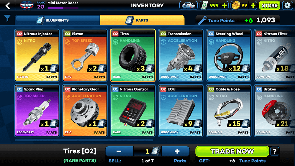 Mini Motor Racing 2 UI Design: Inventory (Parts) Screen Concept