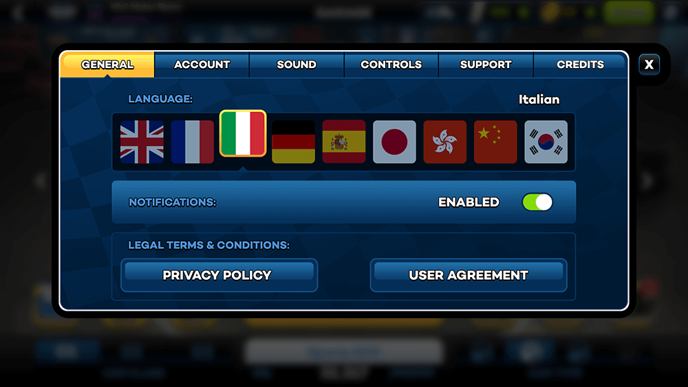 Mini Motor Racing 2 UI Design: Settings (General) Screen Concept