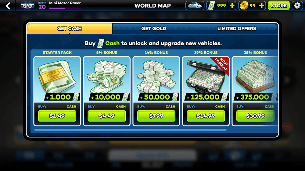 Mini Motor Racing 2 UI Design: Store (Cash) Screen Concepts